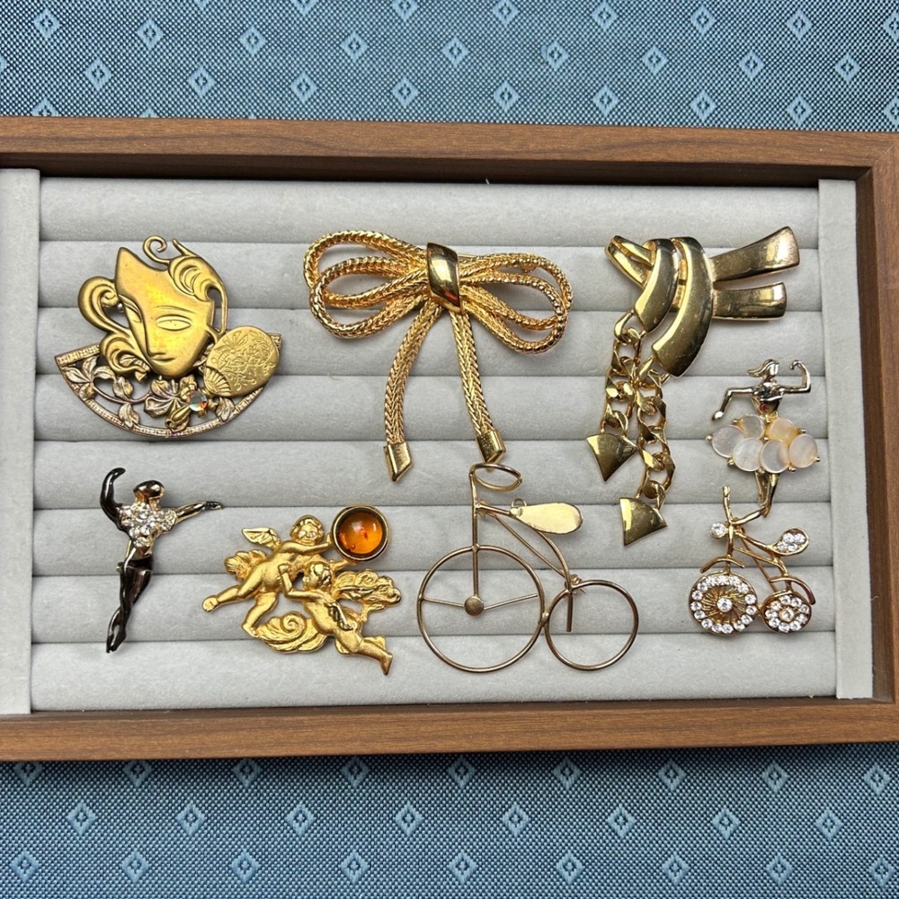 Gold Tone Brooch Lot Louis Stern Cherub Ballerina Bow Bicycle Vintage 8pc Set